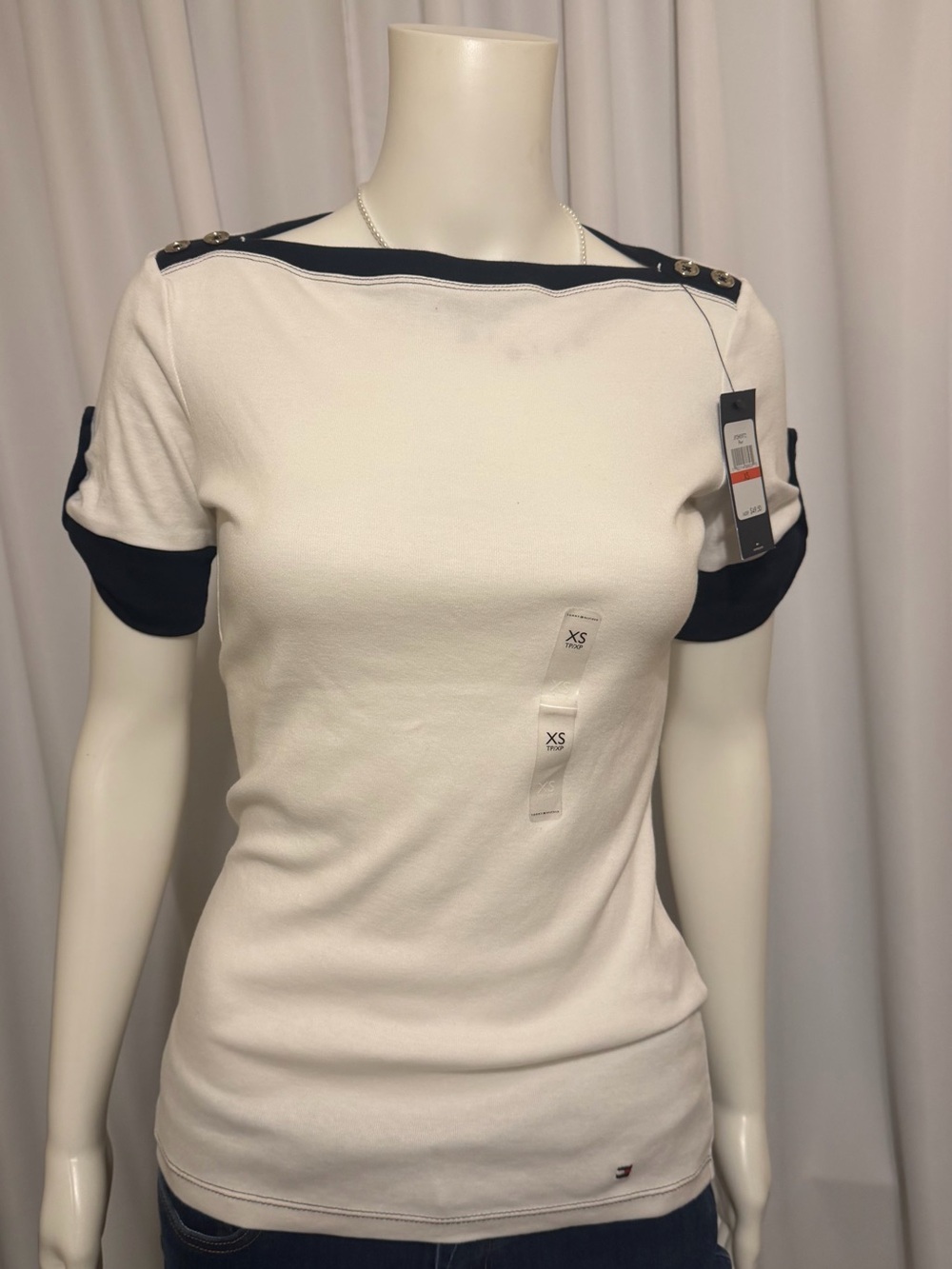 Tommy Hilfiger White Short-Sleeve Knit Top with Navy Trim
